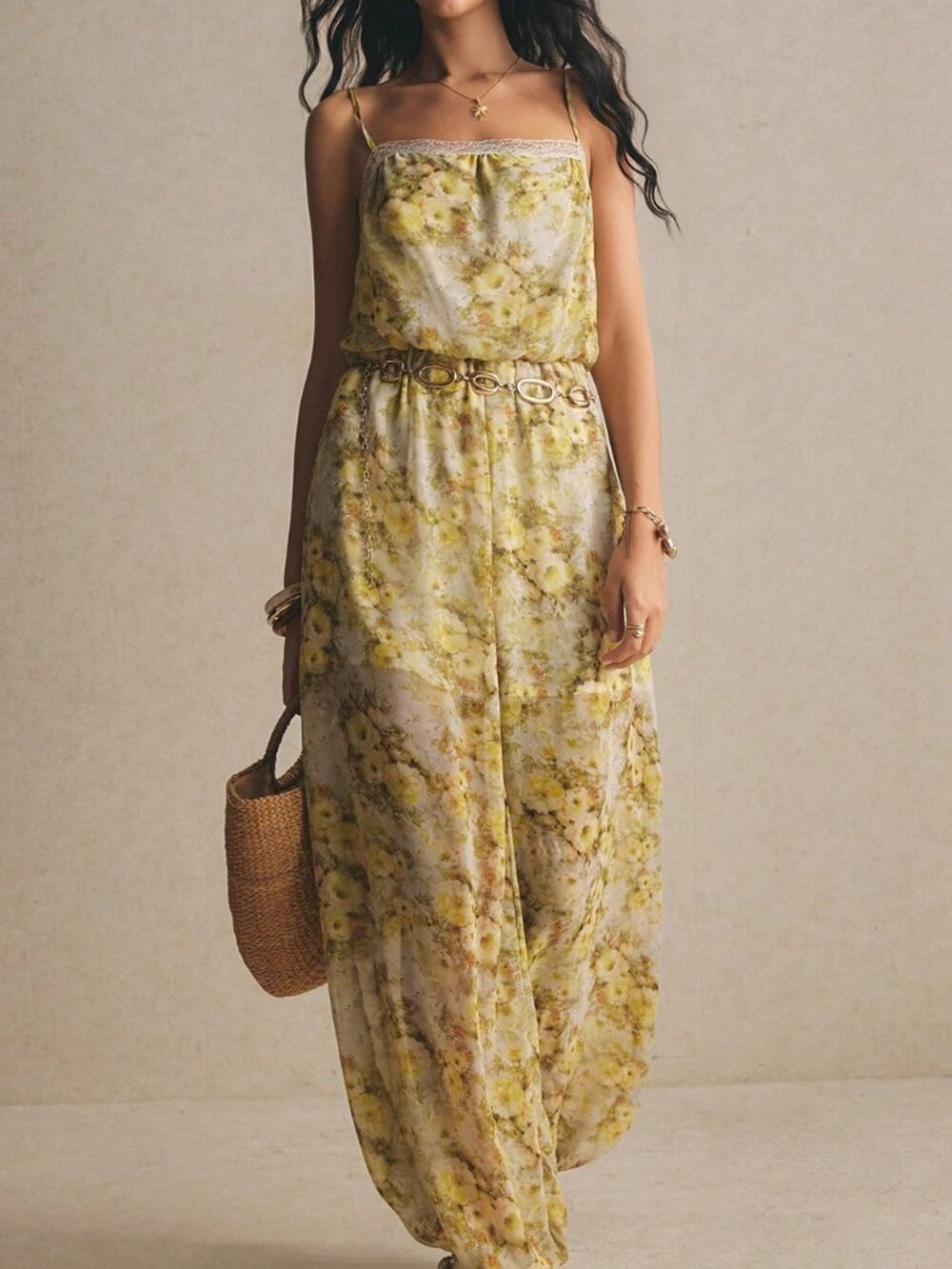 Multicolor Boho Women's Watercolor Lace Trim Wide Leg Chiffon Romper - Picture 5 of 8
